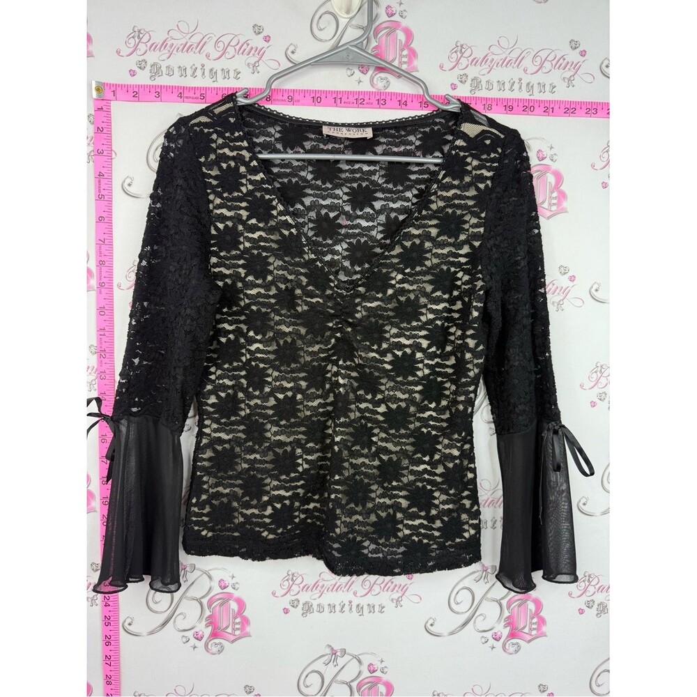 The work connection shirt bow Black Lace V-Neck Blouse with Sheer Bell Sleeves